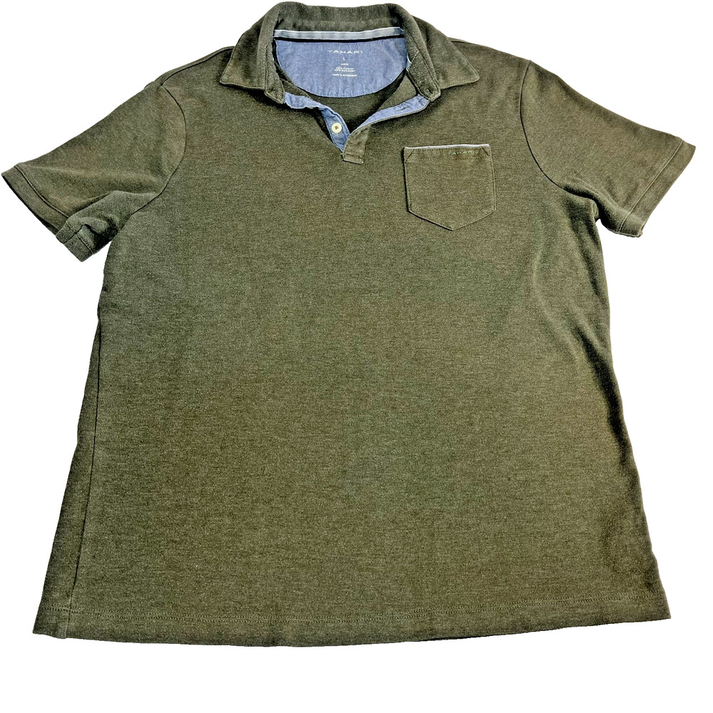Tahari Polo Shirt Mens L Green Short Sleeve Pocket Casual